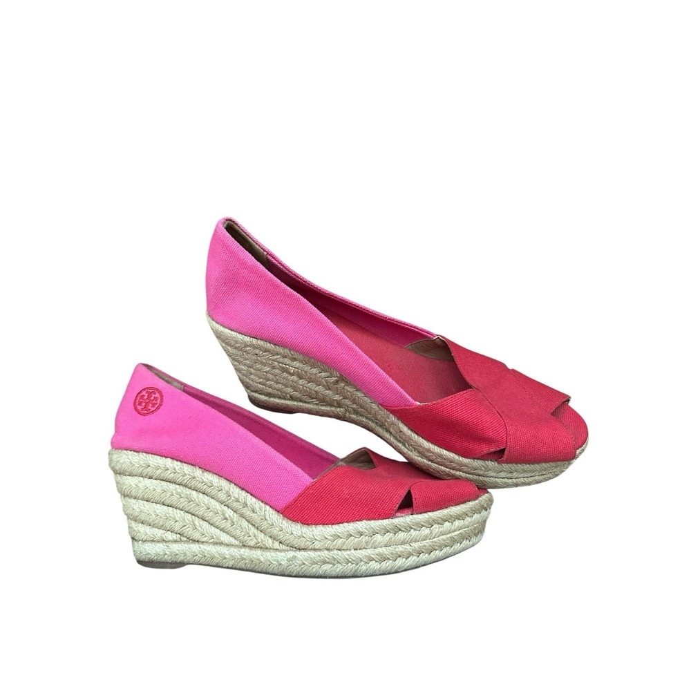 Tory Burch Pink Red Espadrilles Wedge Heels Size 9